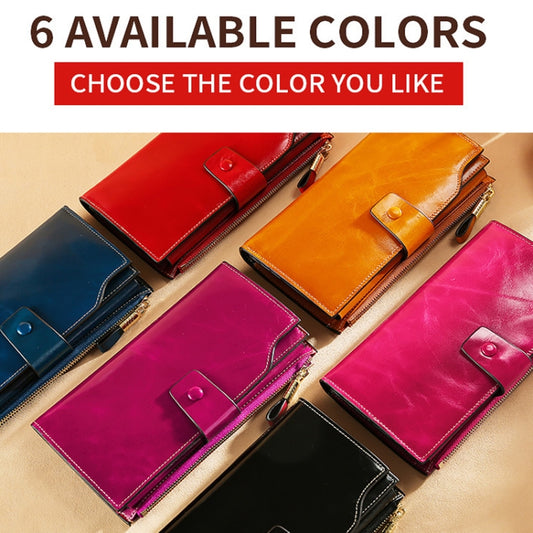 TP-192 First Layer Of Cowhide Long Type Oil Wax Leather Ladies Clutch Retro Wallet RFID Anti-Theft Ladies Wallet(Rose Red) by bashfashion