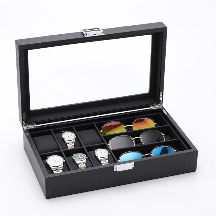 6+3 PU Watch Glasses Case Carbon Fiber PU Skin Watch Box Sunglasses Box(Black) by bashfashion