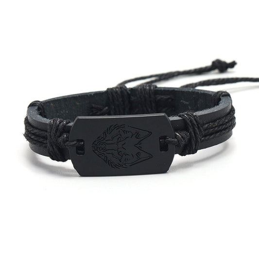 B01916 Men Leather Wolf Head Woven Bracelet(Black) by bashfashion