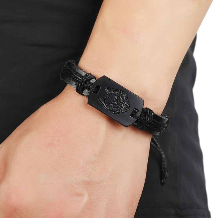 B01916 Men Leather Wolf Head Woven Bracelet(Black) by bashfashion