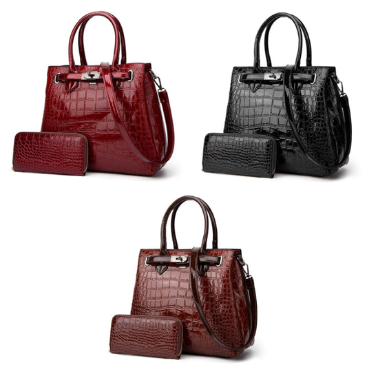 T5056 2 in 1 Crocodile Pattern Patent Leather Diagonal Handbags Large-Capacity Single-Shoulder Bag(Black) by bashfashion