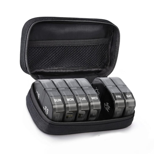 14 Compartment Medicine Box Plastic Double Row Leather Bag Pill Box(Black) by bashfashion