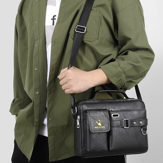 WEIXIER D235 Men Shoulder Bag Portable PU Leather Handbag(Plain Texture Black) by WEIXIER