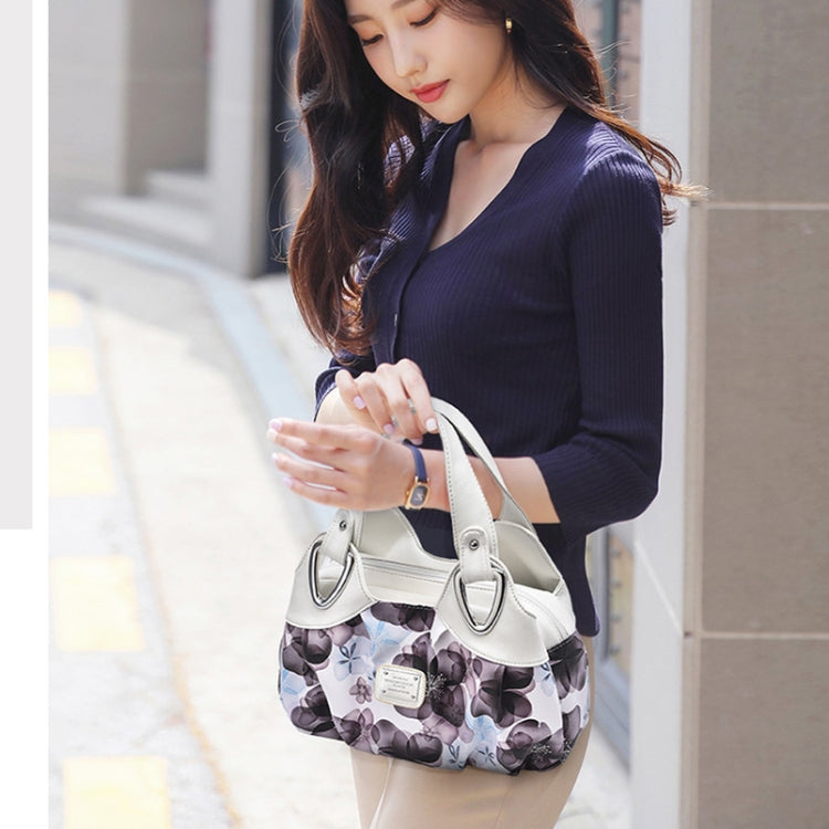 722 Women Soft Leather Handbag(White Handle Gray Flower) by bashfashion