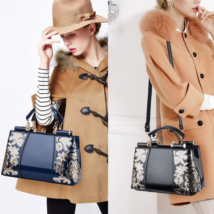 Ladies Single Sided Embroidered Shiny Leather Handbag(Black) by bashfashion