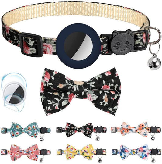 Anti-Lost Printed Bow Pet Collar with Bell for AirTag(Deep Blue)