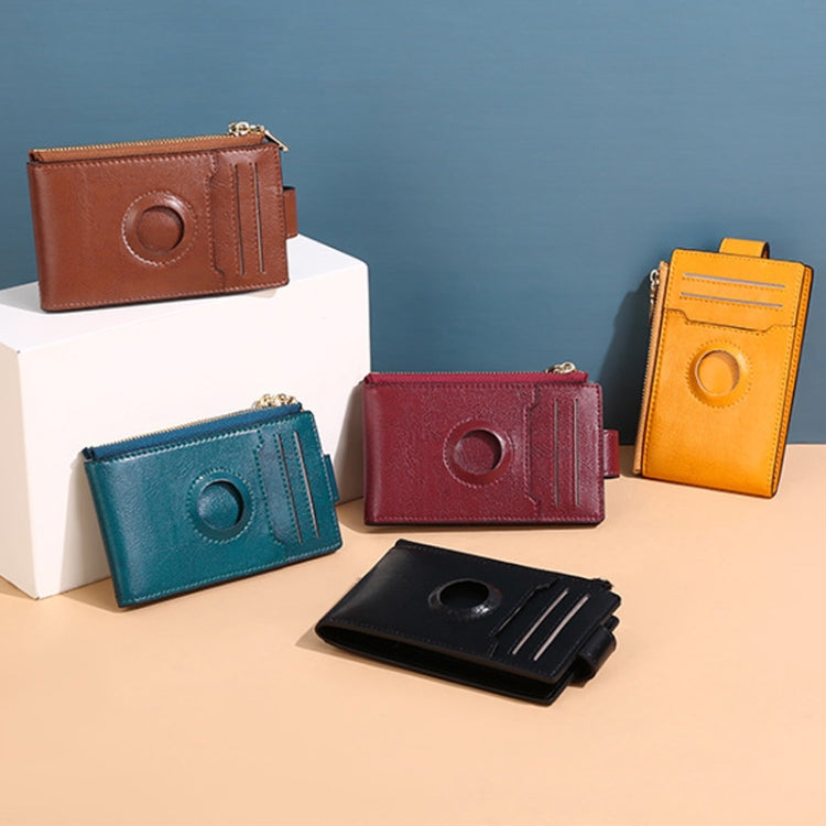 Two Layer Oil Waxed Leather Zip RFID Coin Purse Tracker Card Holder For AirTag(Peacock Blue) by bashfashion