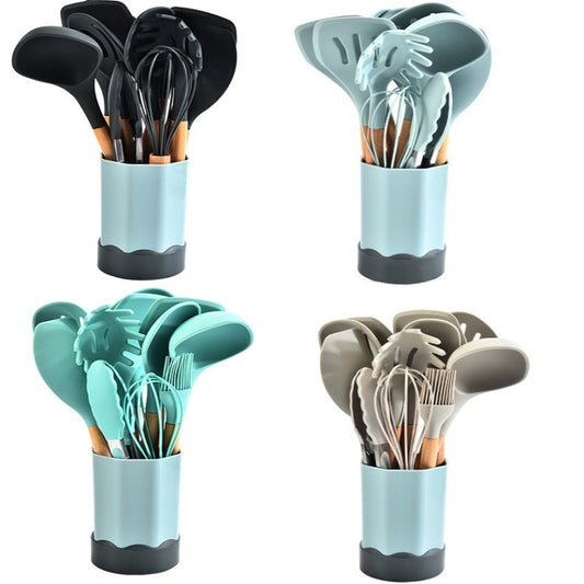 Beech Wood Silicone Kitchen Set With Storage Bucket(Dark Gray) by bashfashion