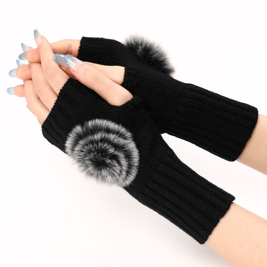 Autumn And Winter Women Fingerless Fur Ball Gloves Knitted Wool Warm Sleeves(Black) by bashfashion
