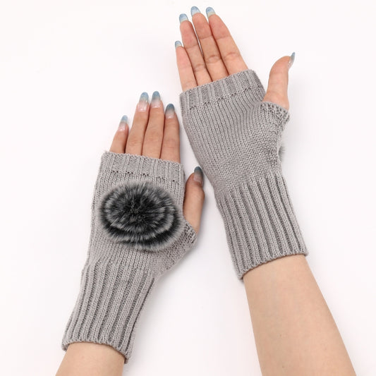 Autumn And Winter Women Fingerless Fur Ball Gloves Knitted Wool Warm Sleeves(Light Grey) by bashfashion
