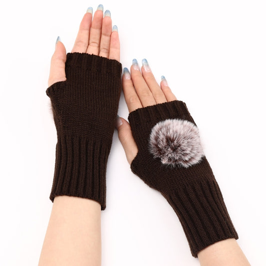 Autumn And Winter Women Fingerless Fur Ball Gloves Knitted Wool Warm Sleeves(Coffee) by bashfashion