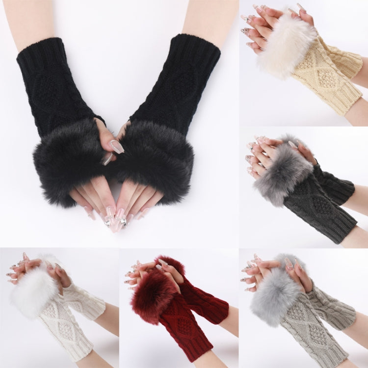 Ladies Short Type Furry Gloves Diamond Knit Warm Fingerless Arm Sleeves(Khaki) by bashfashion