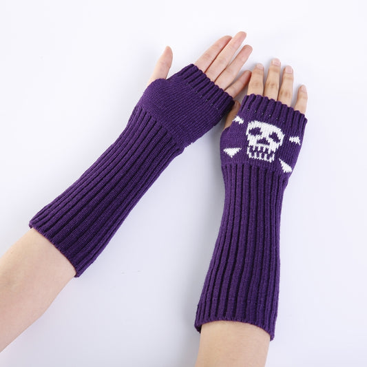 Jacquard Skull Fingerless Warm Gloves Knit Ski Gloves(Purple) by bashfashion