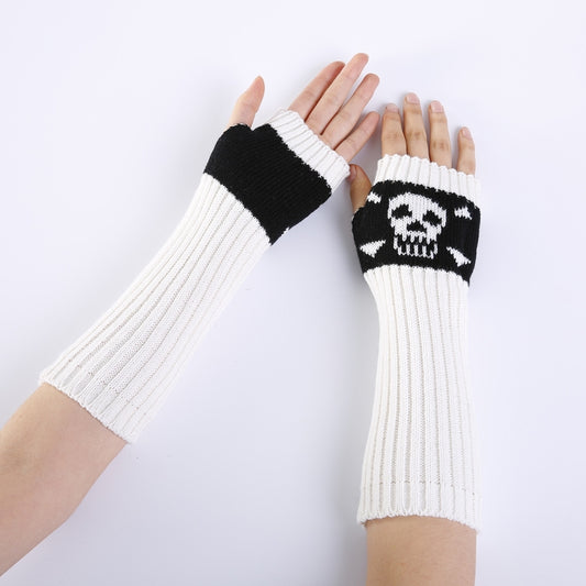 Jacquard Skull Fingerless Warm Gloves Knit Ski Gloves(White) by bashfashion