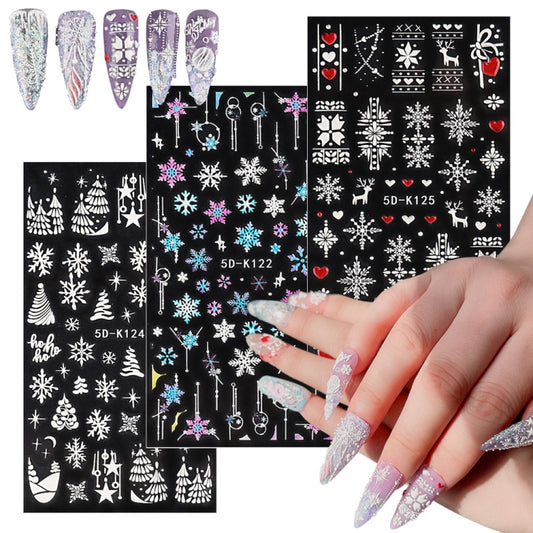 3 PCS 5D Embossed Nail Stickers Christmas Snowflake Elk Nail Stickers(5D-K123) by bashfashion