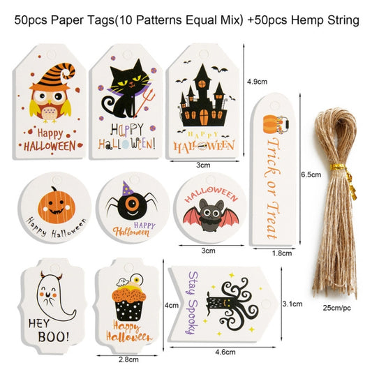 2 Sets Halloween Hangtag Gift Bag Candy Box Decorative Hangtag,Spec: 50 Hangtags+50pcs Hemp Rope by bashfashion