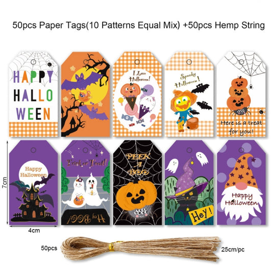 2 Sets Halloween Hangtag Gift Bag Candy Box Decorative Hangtag,Spec: 50 Hangtags+50pcs Cotton Rope by bashfashion