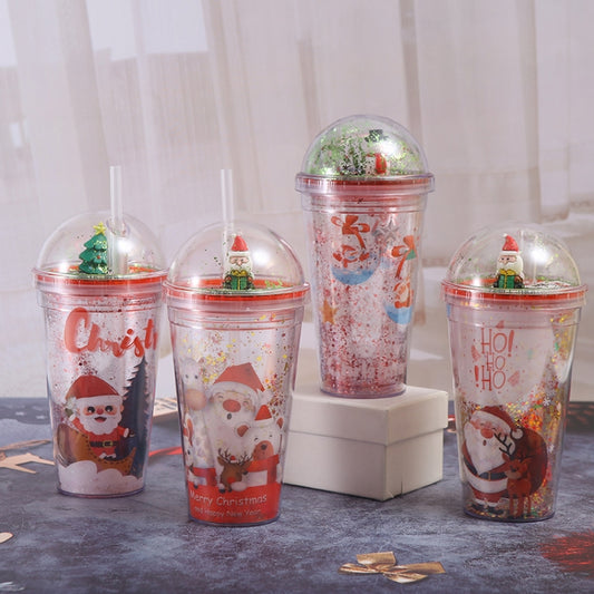 500ml Santa Claus Cartoon Portable Plastic Cup Double Micro Landscape Juice Cup(Style 2) by bashfashion