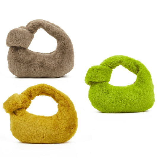 H6725 Autumn and Winter Rabbit Fleece Handbag Knotted Plush Tote(Olive Green) by bashfashion