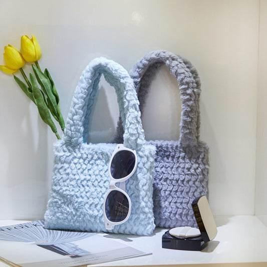 H6302-1 Autumn and Winter Plush Plaid Small Handbag(Light Grey) by bashfashion