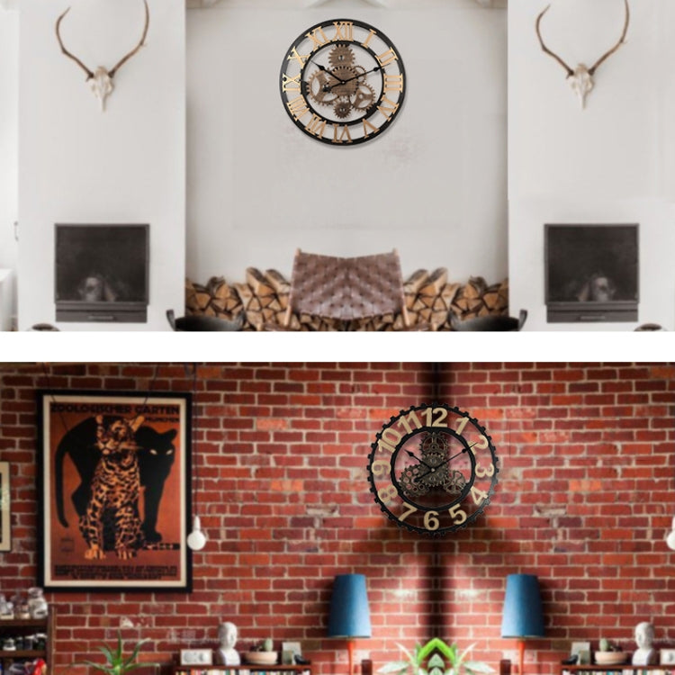 Vintage Wooden Round Gear Silent Wall Clock Rome Number 58cm 6 Gears Golden by bashfashion