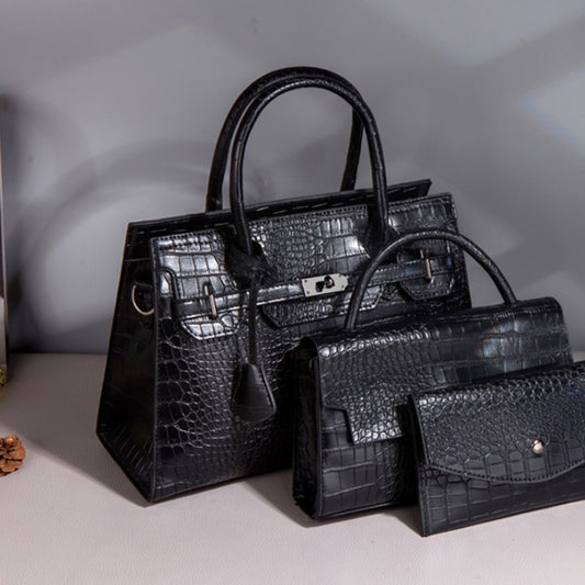 3 In 1 Crocodile Print Diagonal Cross-Body Bag Large Capacity Tote Bag(Black) by bashfashion