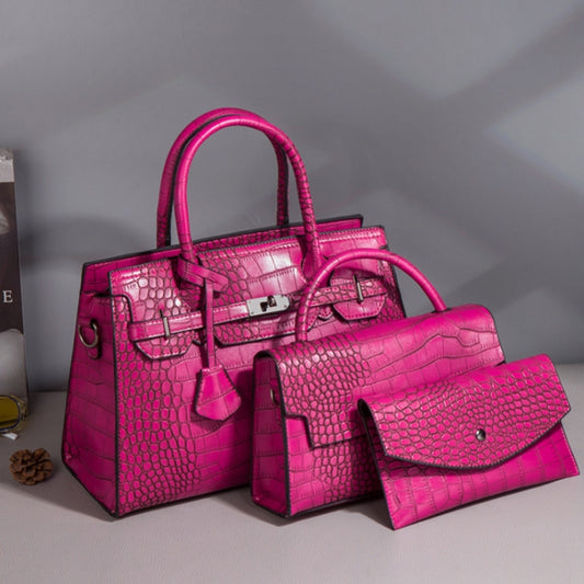 3 In 1 Crocodile Print Diagonal Cross-Body Bag Large Capacity Tote Bag(Rose Red) by bashfashion