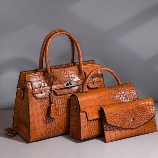 3 In 1 Crocodile Print Diagonal Cross-Body Bag Large Capacity Tote Bag(Dark Brown) by bashfashion