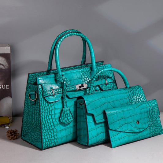 3 In 1 Crocodile Print Diagonal Cross-Body Bag Large Capacity Tote Bag(Peacock Green) by bashfashion