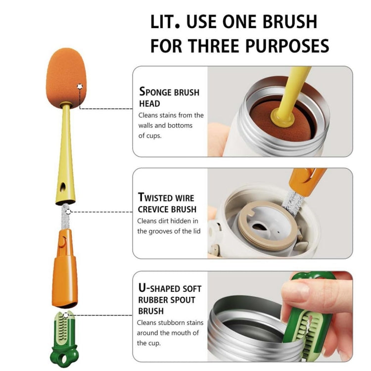 Long Handle Household Multifunctional Cup Washing Brush Carrot Shape 3 In 1 Cleaning Brush(Yellow) by bashfashion