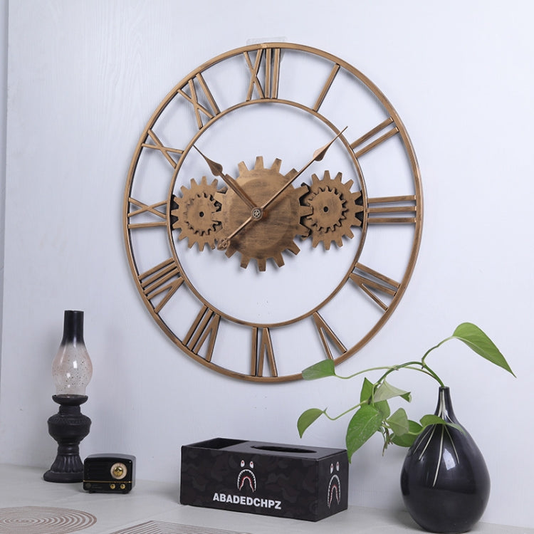60cm Vintage Iron Round Gear Wall Clock Silent Large Art Clock(Gold+Gold Needle) by bashfashion