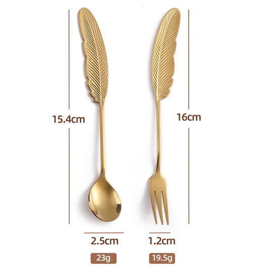 304 Stainless Steel Feather Spoon Fork Literary Tableware,Style: 4 In 1 Titanium-Green Box by bashfashion