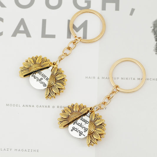N2003-27 Ancient Gold Keychain Alloy Sunflowers Shape Can Open Double Side Engraving Accessories Pendant by bashfashion