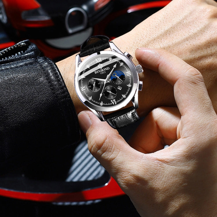 BINBOND B3591 30m Waterproof Luminous Calendar Men Watch, Color: Black Leather-White-Black by BINBOND