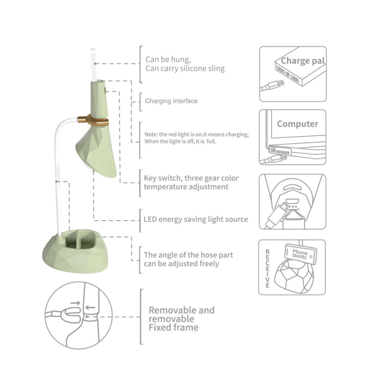 Base Removable Diamond Desk Lamp USB Charging 3-speed Color Temperature Night Light(301-4 Blue) by bashfashion