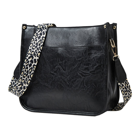 013 Leopard Strap PU Leather Single-shoulder Waterproof Crossbody Tote Bag(Black) by bashfashion