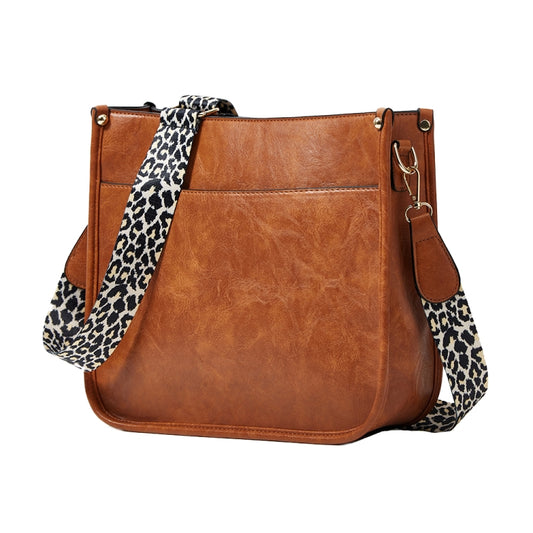 013 Leopard Strap PU Leather Single-shoulder Waterproof Crossbody Tote Bag(Brown) by bashfashion