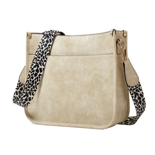 013 Leopard Strap PU Leather Single-shoulder Waterproof Crossbody Tote Bag(Beige) by bashfashion