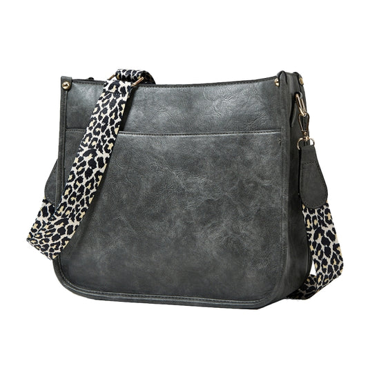 013 Leopard Strap PU Leather Single-shoulder Waterproof Crossbody Tote Bag(Grey) by bashfashion