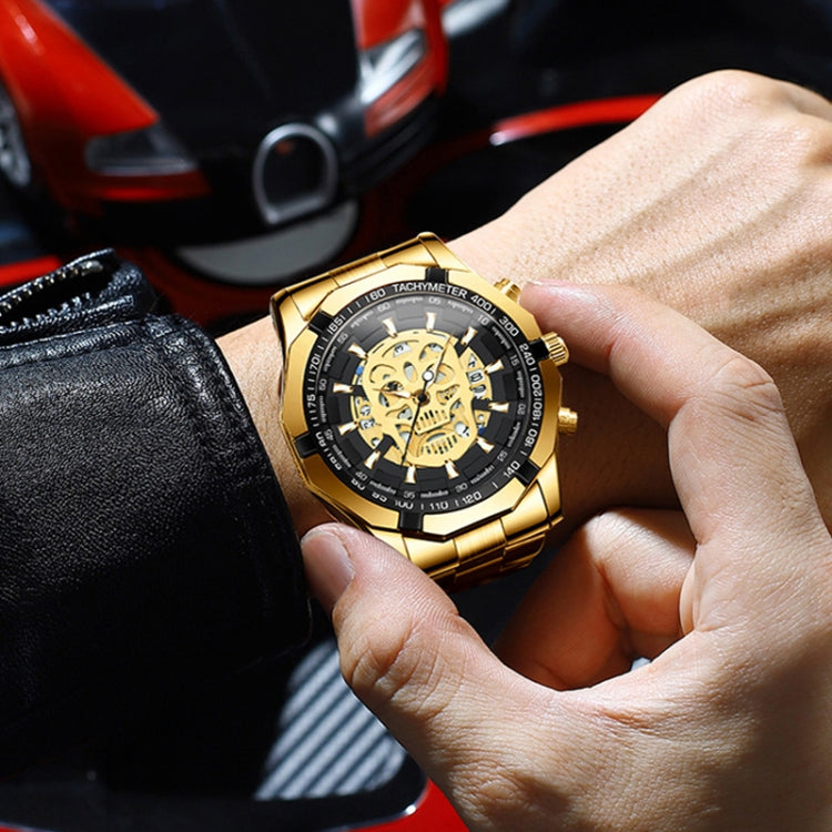 BINBOND S034 30M Waterproof Quartz Watch Skull Skeleton Luminous Watch(Black Steel Black White Nail) by BINBOND