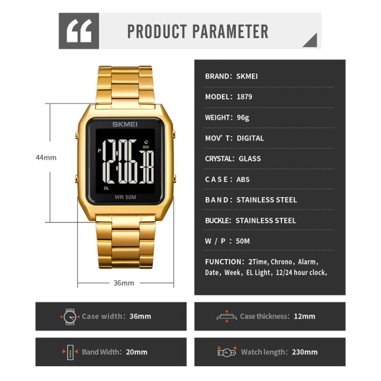 SKMEI 1879 Square Large Screen Men Steel Belt Multi-function EL Luminous Watch, Color: Gold by SKMEI