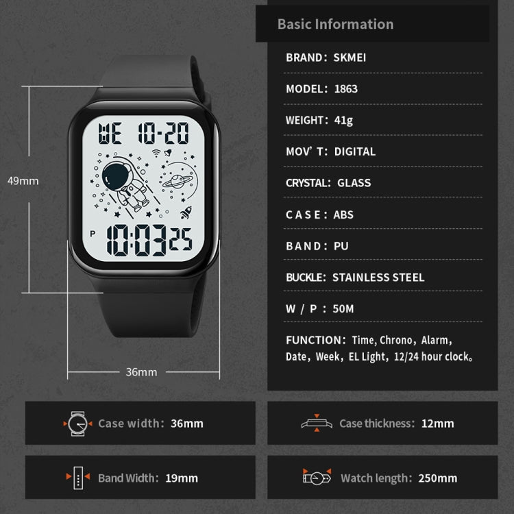 SKMEI 1863 Multifunctional Astronaut Student Digital Sports Square Watch(Black Black Machine) by SKMEI
