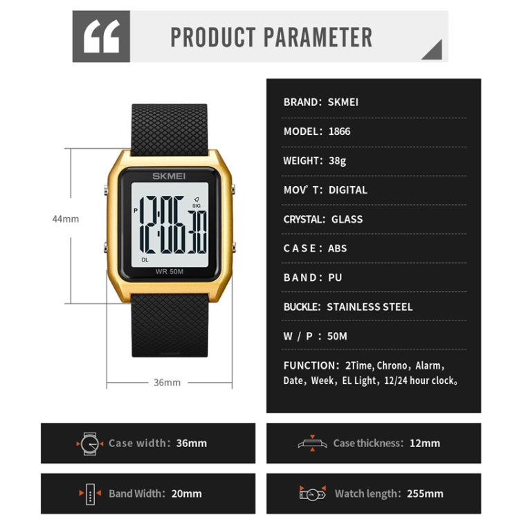 SKMEI 1866 Square Large Screen Men Steel Belt Multi-function Night Light Alarm Clock Watch(Blue White Machine) by SKMEI