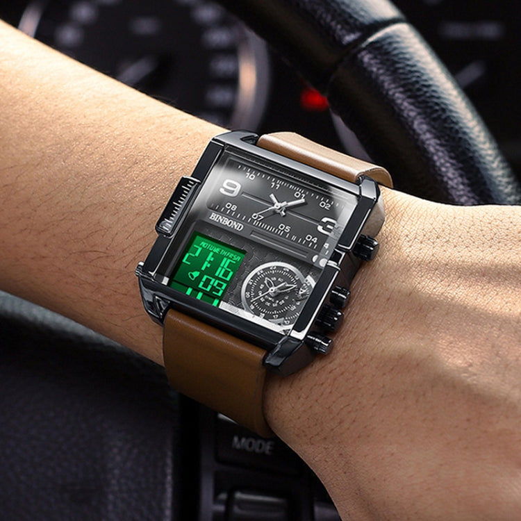 BINBOND B3332 Square Multifunctional Sports Quartz Waterproof Watch(Black Steel-Black-White) by BINBOND