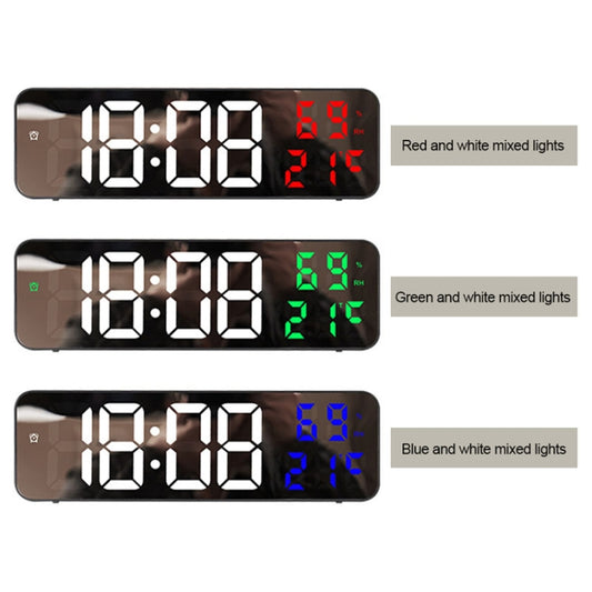 671 Mirror Screen Digital LED Alarm Clock USB Plug-in/Battery Dual-use With Temperature/Humidity Display(Black Shell White Green) by bashfashion
