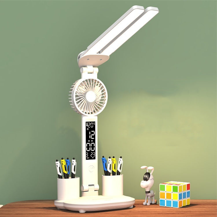 USB Plug Power Double Head Lighting LED Fan Desk Lamp with Pen Holder & Clock by bashfashion