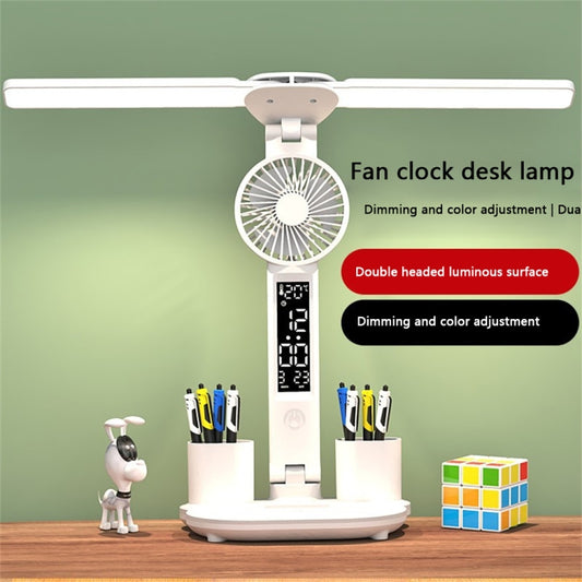 Rechargeable 2000mAh Double Head Lighting LED Fan Desk Lamp with Pen Holder & Clock by bashfashion