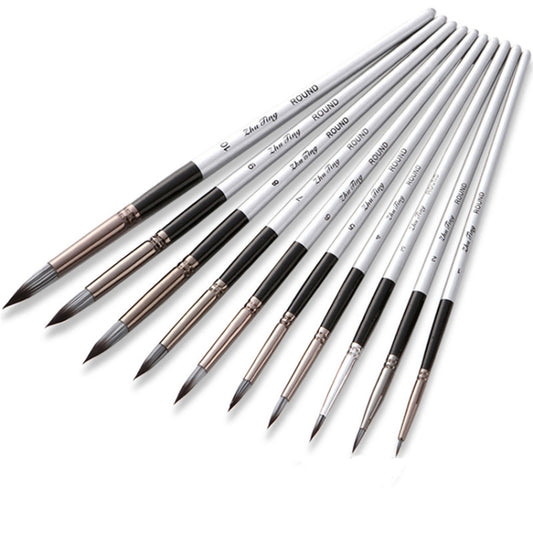 10 In 1 Nylon Hair Watercolor Paint Brush Set Wooden Handle Round Pointed Acrylic Painting Pens(Silver Black) by bashfashion
