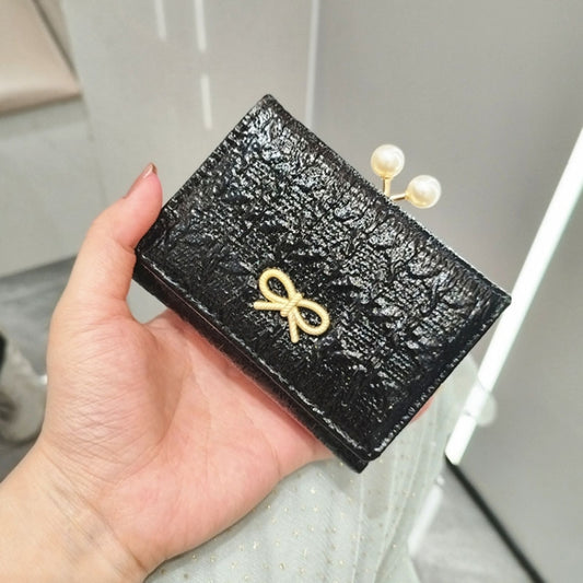 Ruched Textured Bow Pearl Clip Tri-Fold Short Wallet(Black) by bashfashion
