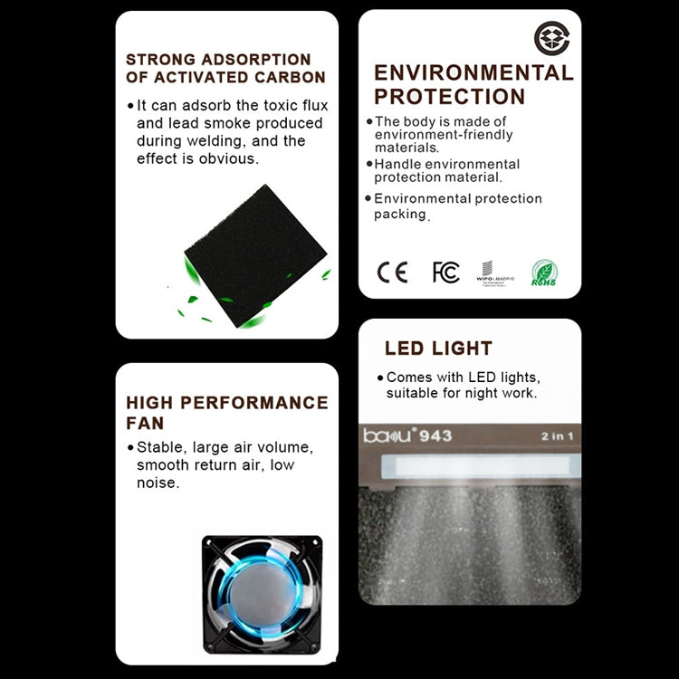 Baku BA-943 Soldering Fume Purifier with LED Light 30W Soldering Iron Welding Fume Exhauster(US Plug 110V) by BAKU